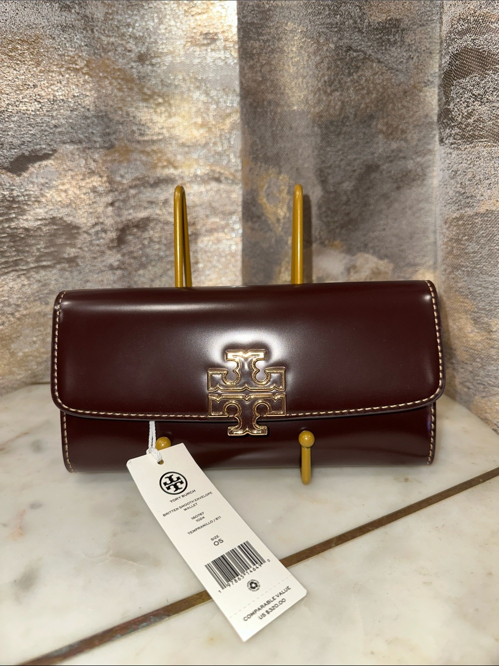 Tory Burch Burgundy Leather Flap Clutch with Gold Logo